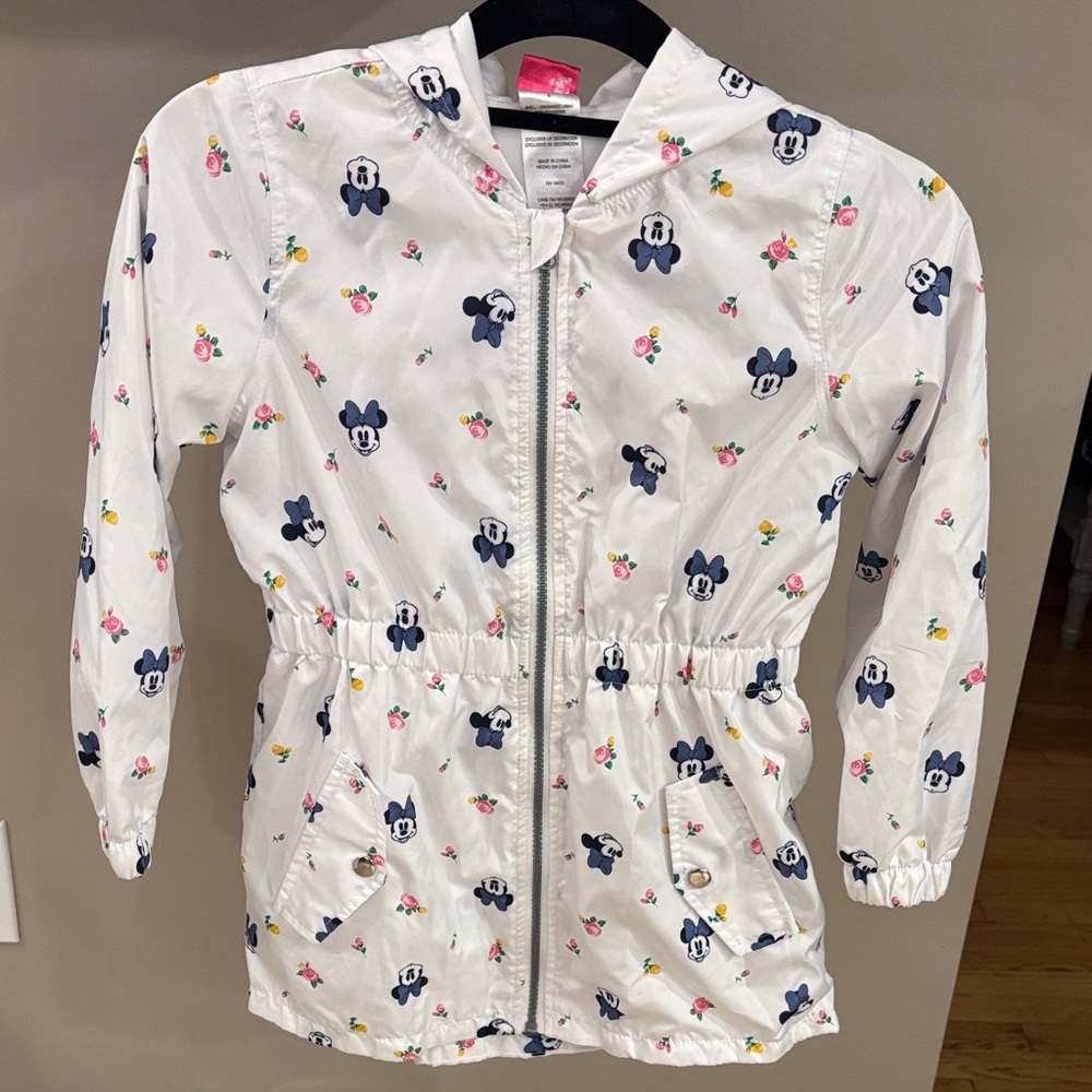 Disney Minnie Mouse Rain Jacket Hooded Girls Sz 8 White Floral Ears Bow Zip Coat
